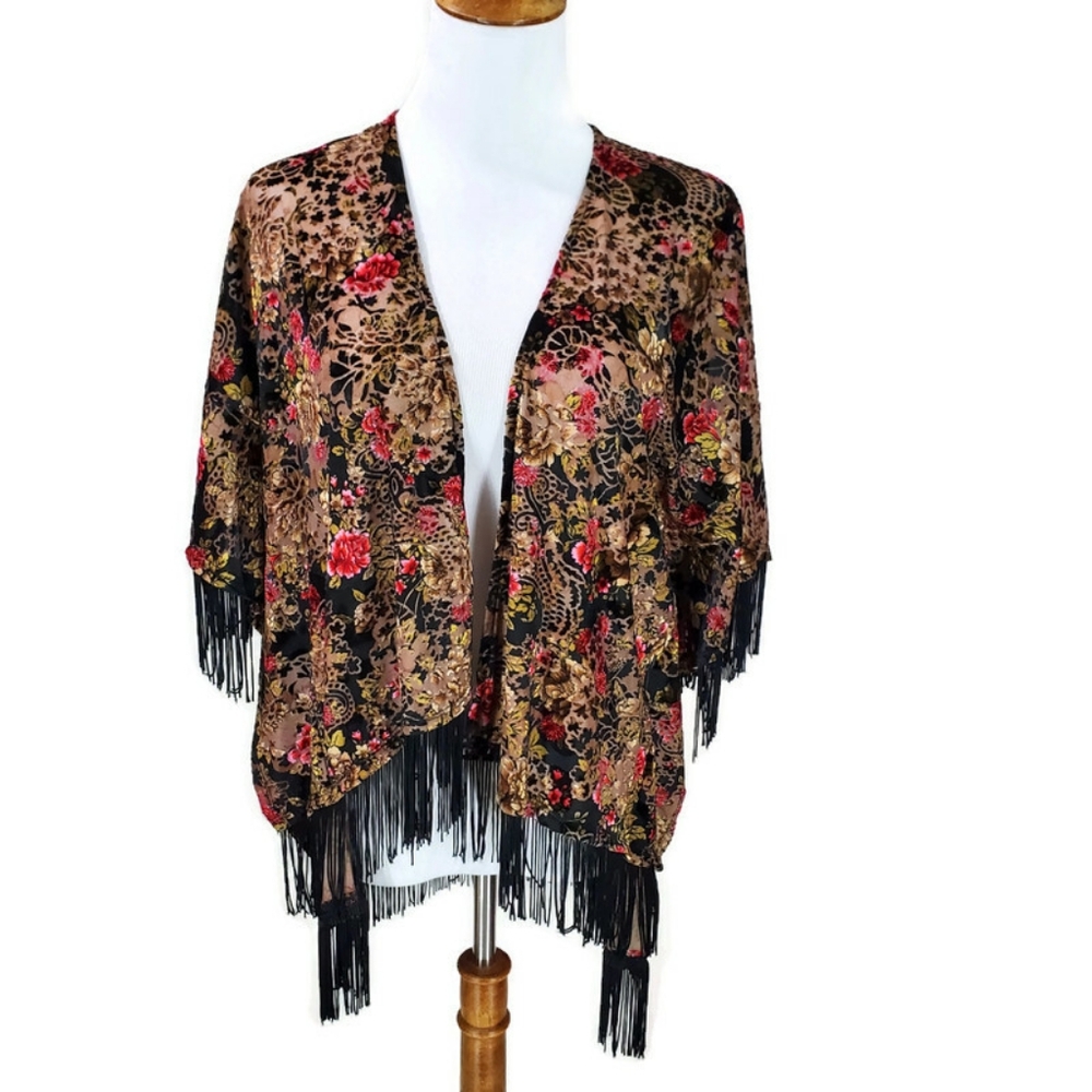 Gorgeous Velvet Burnout Kimono With Fringe Trim Asian Boho Gypsy Witchy Goth